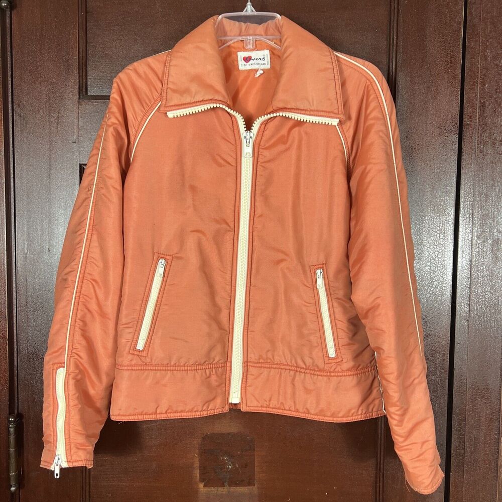 VTG Lovers of Switzerland Bomber Jacket Size Medium Orange Coat White Zippers